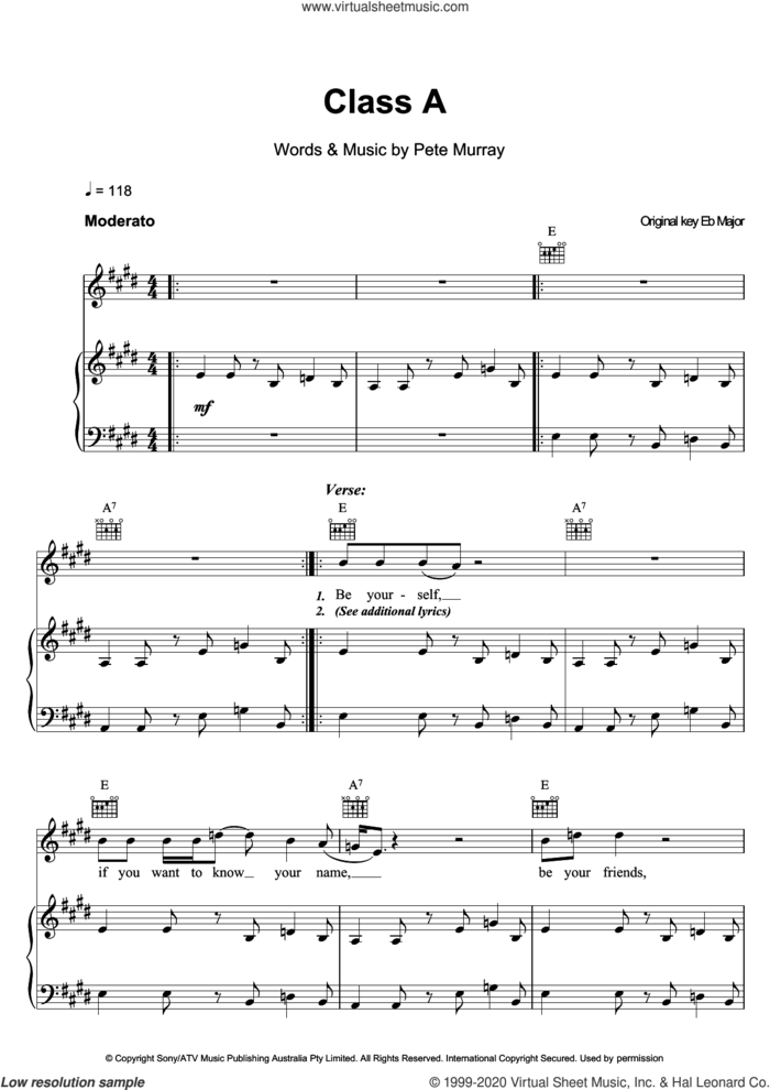 Class A sheet music for voice, piano or guitar by Pete Murray, intermediate skill level