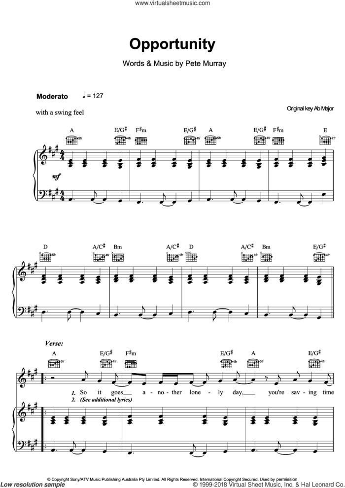 Opportunity sheet music for voice, piano or guitar by Pete Murray, intermediate skill level