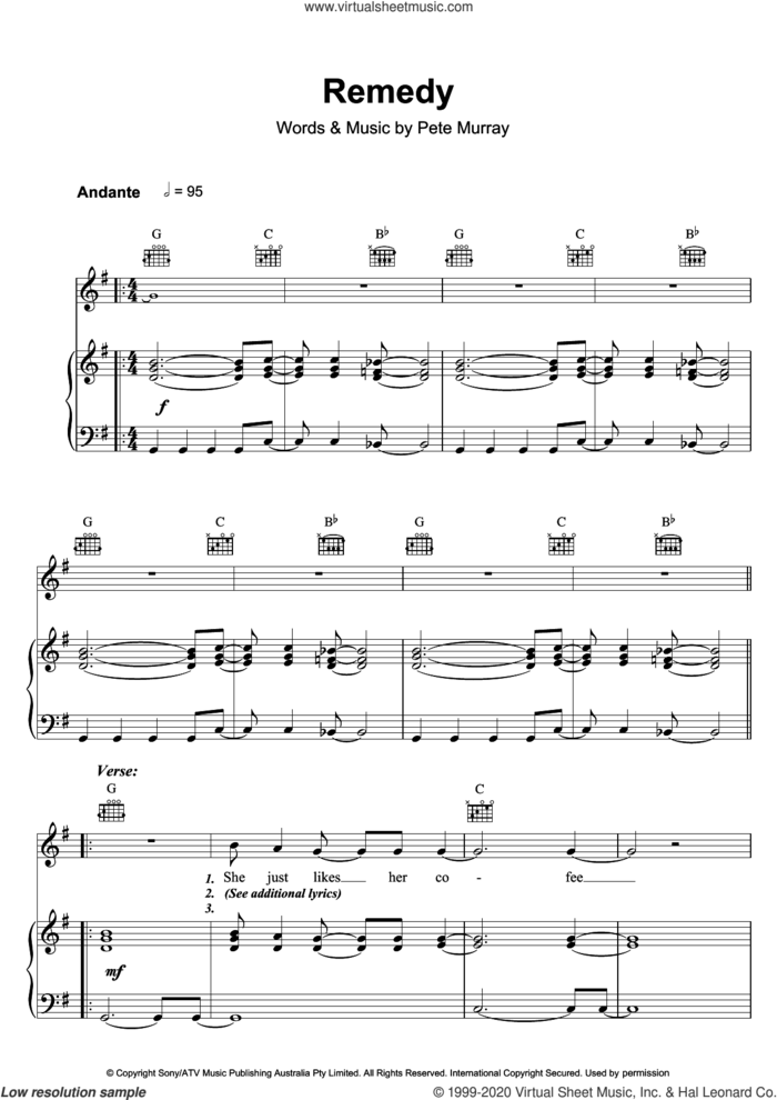 Remedy sheet music for voice, piano or guitar by Pete Murray, intermediate skill level