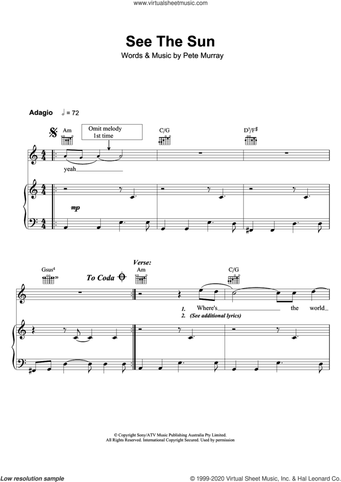 See The Sun sheet music for voice, piano or guitar by Pete Murray, intermediate skill level
