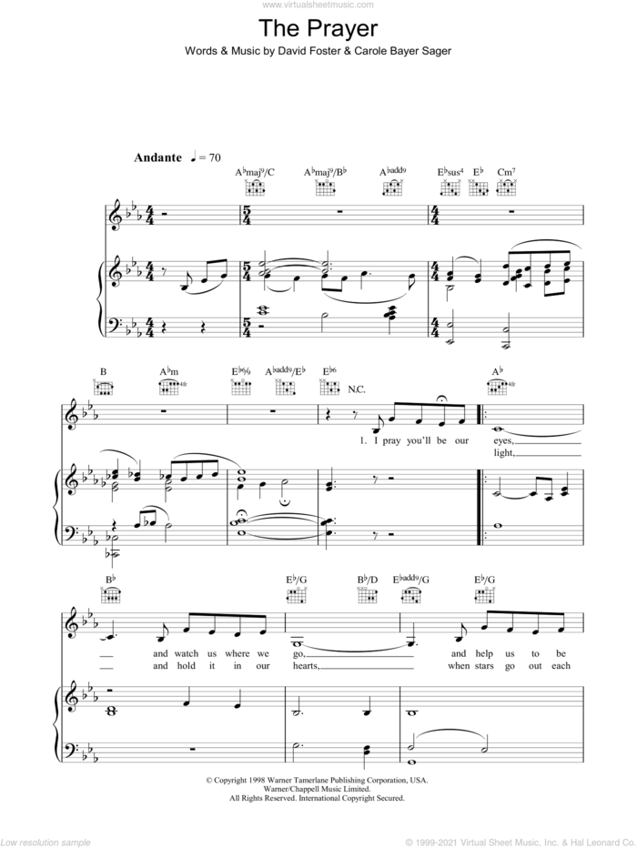 The Prayer sheet music for voice, piano or guitar by Katherine Jenkins, Andrea Bocelli & Celine Dion, Carole Bayer Sager, David Foster and Tony Renis, classical score, intermediate skill level