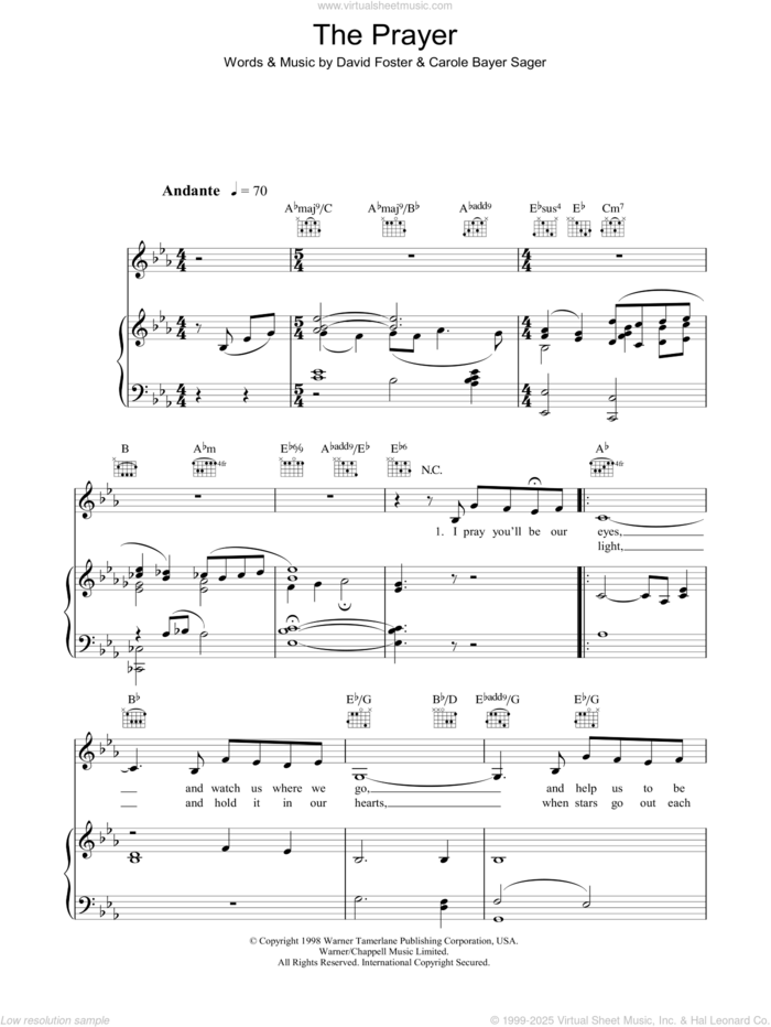 The Prayer sheet music for voice, piano or guitar by Katherine Jenkins, Andrea Bocelli & Celine Dion, Carole Bayer Sager, David Foster and Tony Renis, classical score, intermediate skill level