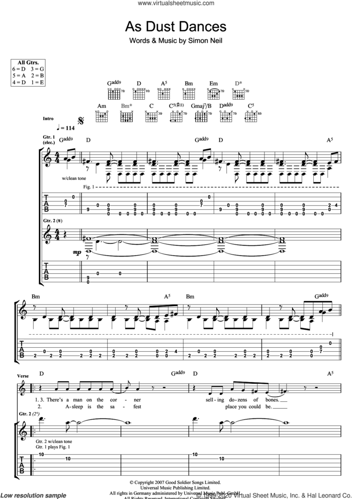 As Dust Dances sheet music for guitar (tablature) by Biffy Clyro and Simon Neil, intermediate skill level