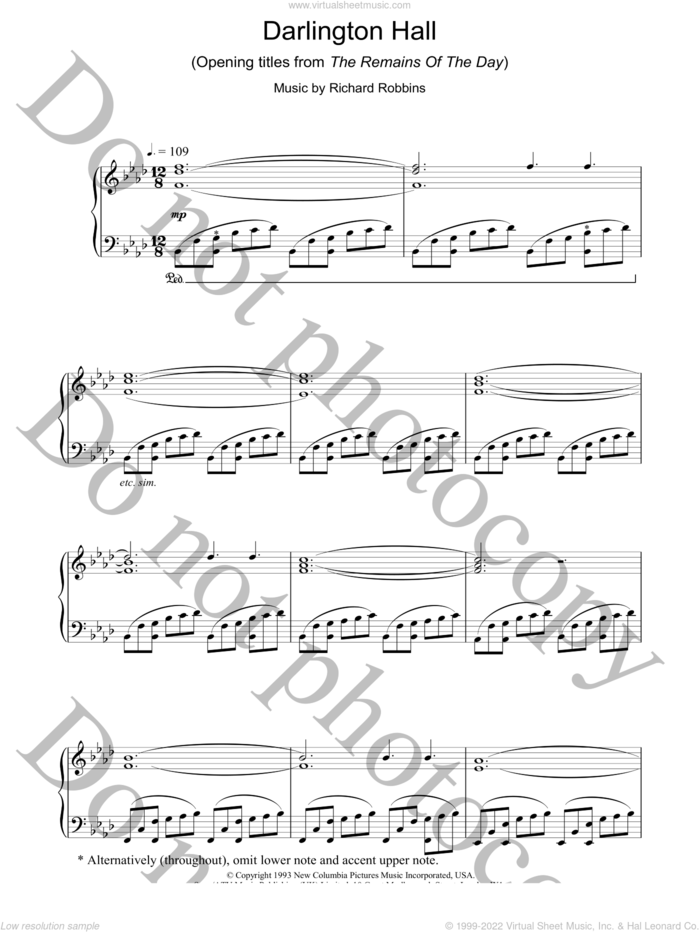Darlington Hall (Opening Titles from The Remains Of The Day) sheet music for piano solo by Richard Robbins, intermediate skill level