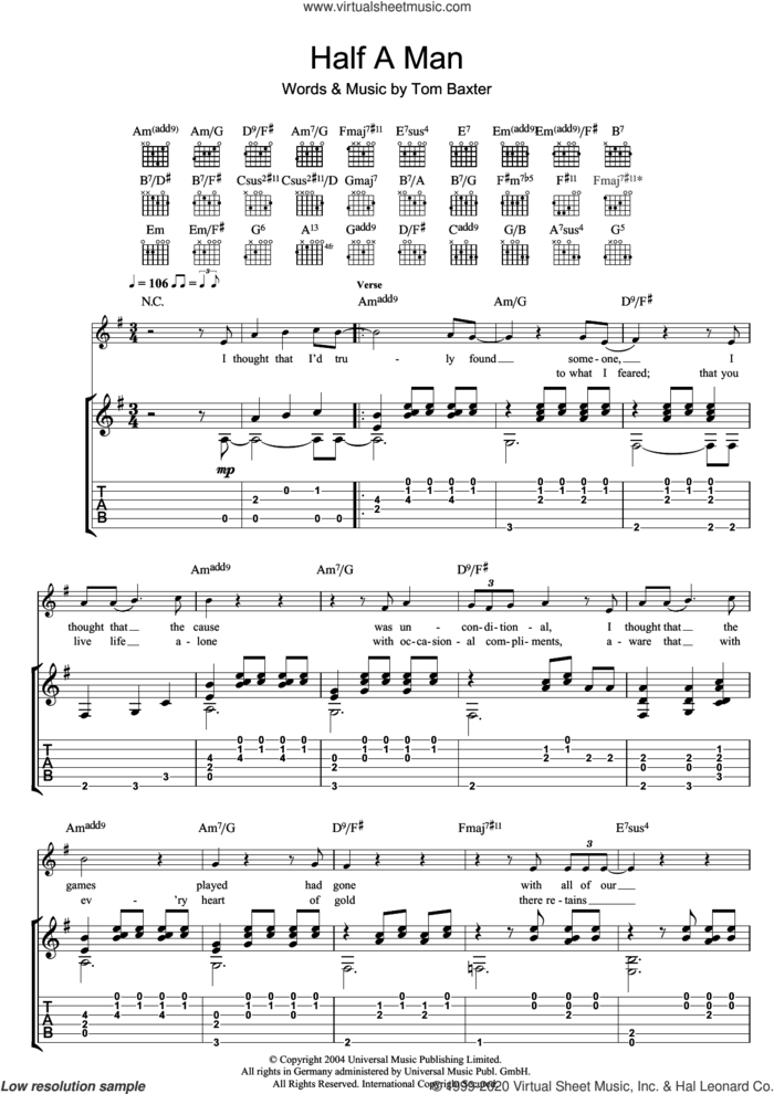 Half A Man sheet music for guitar (tablature) by Tom Baxter, intermediate skill level