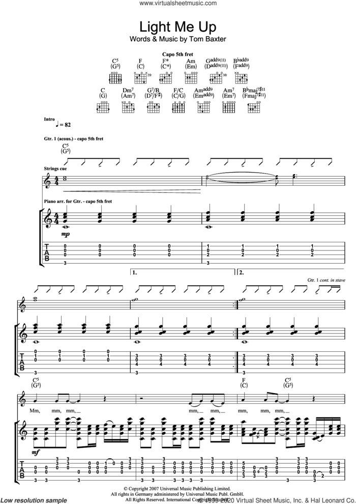 Light Me Up sheet music for guitar (tablature) by Tom Baxter, intermediate skill level