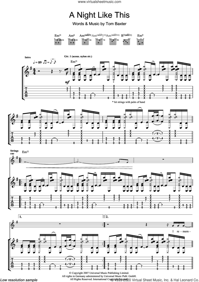 A Night Like This sheet music for guitar (tablature) by Tom Baxter, intermediate skill level