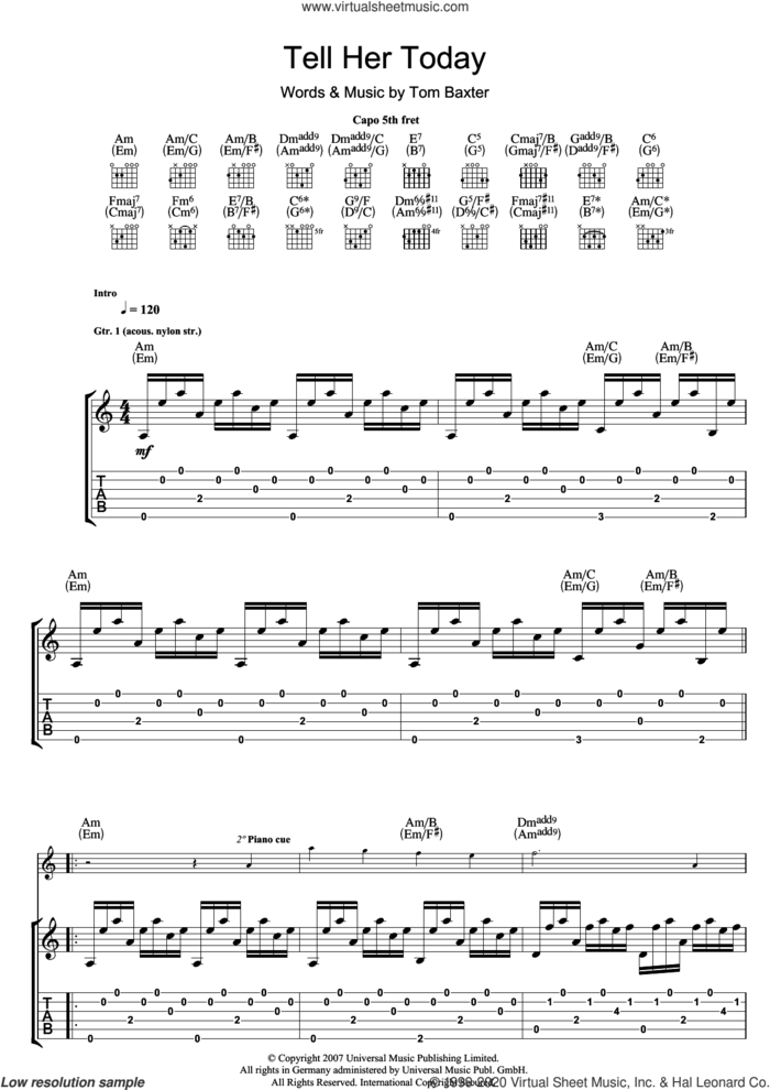 Tell Her Today sheet music for guitar (tablature) by Tom Baxter, intermediate skill level