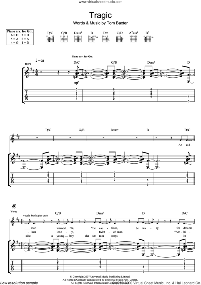 Tragic sheet music for guitar (tablature) by Tom Baxter, intermediate skill level