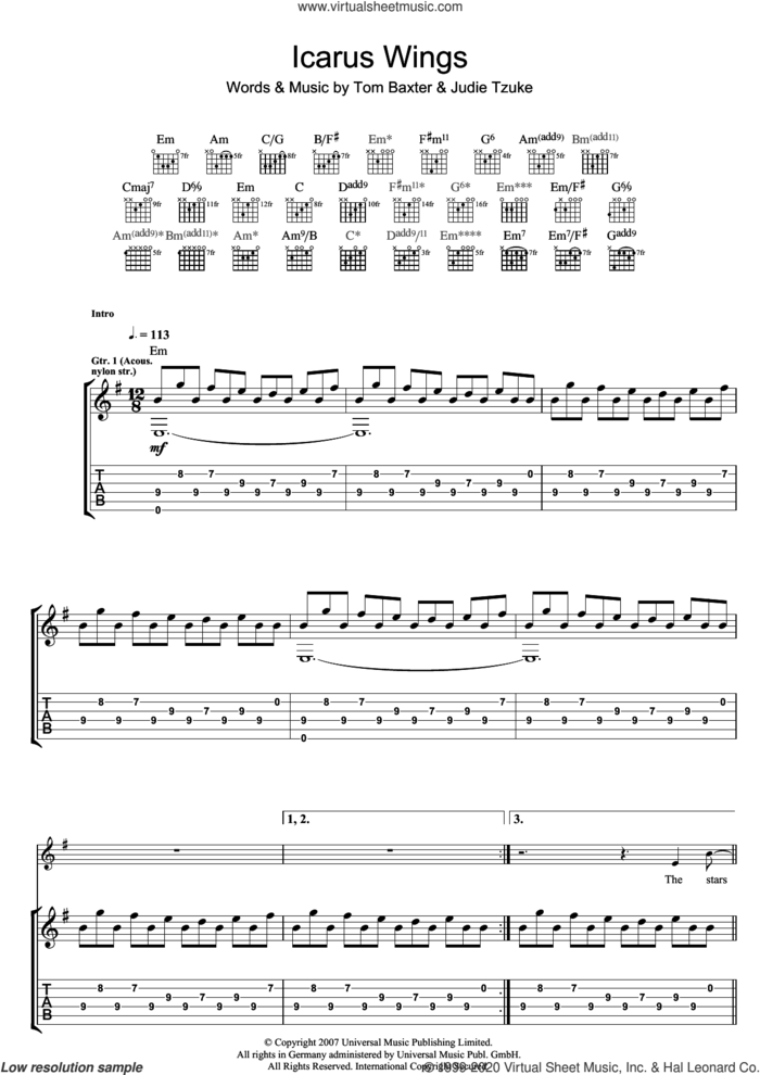 Icarus Wings sheet music for guitar (tablature) by Tom Baxter and Judie Tzuke, intermediate skill level