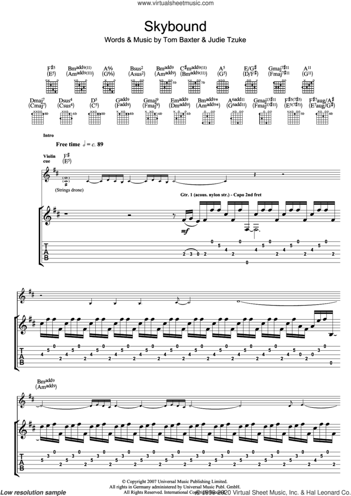 Skybound sheet music for guitar (tablature) by Tom Baxter and Judie Tzuke, intermediate skill level