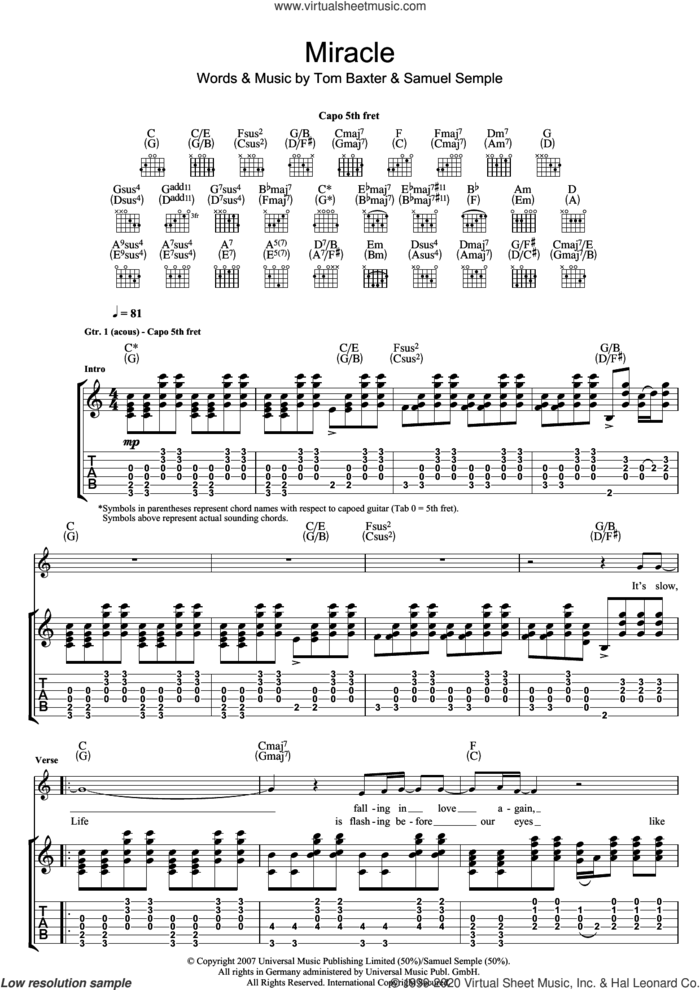 Miracle sheet music for guitar (tablature) by Tom Baxter and Samuel Semple, intermediate skill level