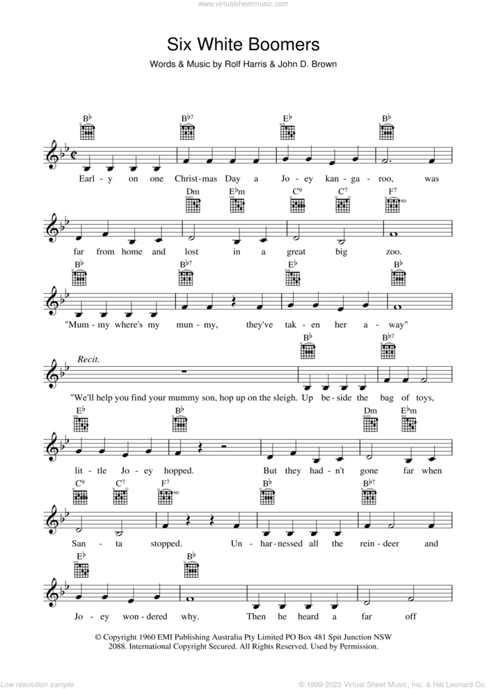 Six White Boomers sheet music for voice and other instruments (fake book) by Rolf Harris and John D. Brown, intermediate skill level