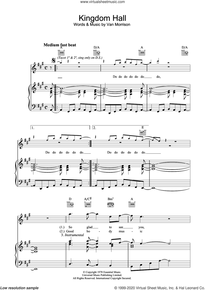 Kingdom Hall sheet music for voice, piano or guitar by Van Morrison, intermediate skill level