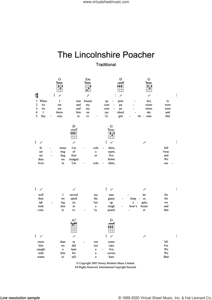 The Lincolnshire Poacher sheet music for ukulele (chords), intermediate skill level