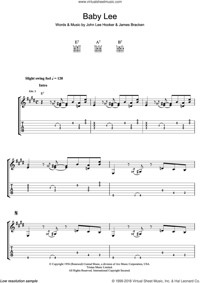 Baby Lee sheet music for guitar (tablature) by John Lee Hooker and James Bracken, intermediate skill level