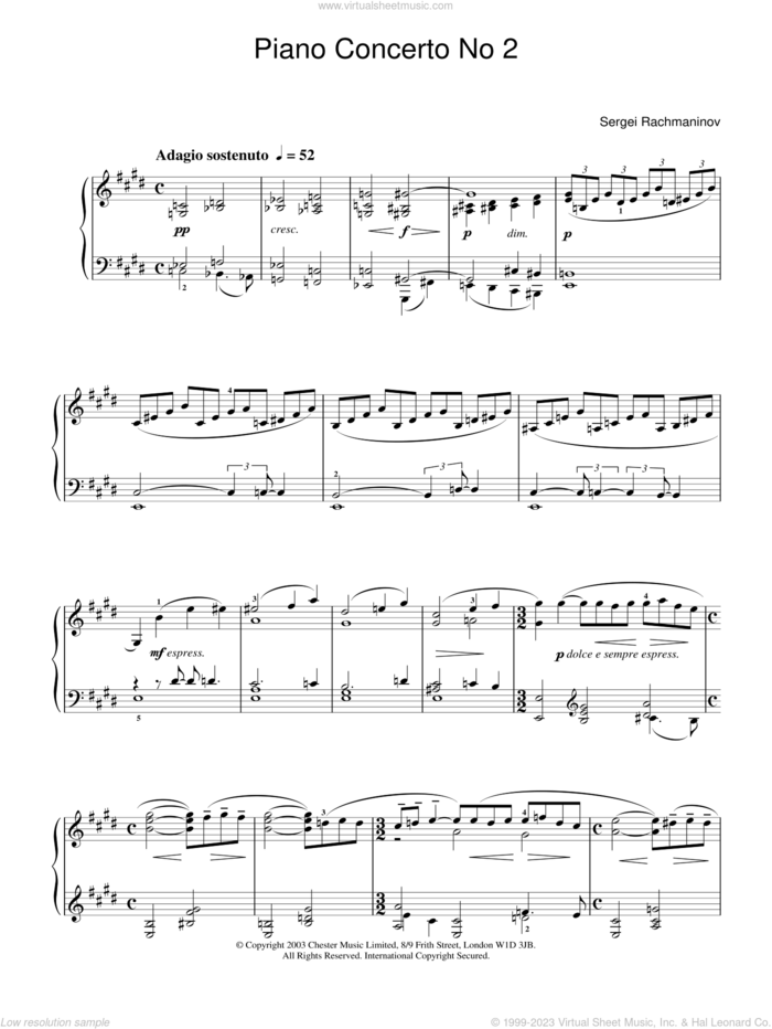 Piano Concerto No. 2, (intermediate) sheet music for piano solo by Serjeij Rachmaninoff, classical score, intermediate skill level