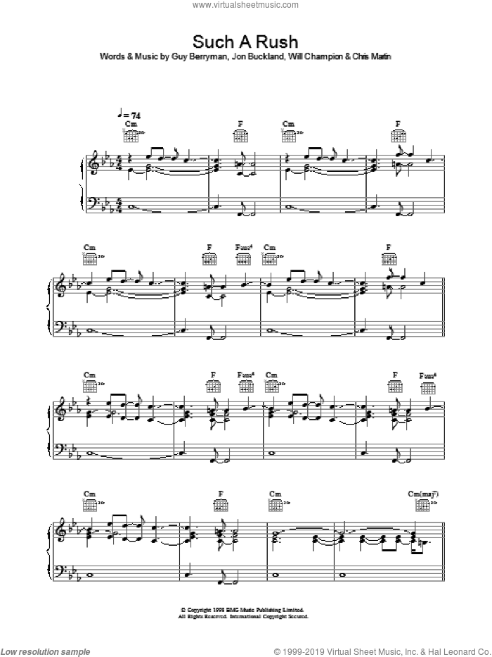 Such A Rush sheet music for voice, piano or guitar by Coldplay, Chris Martin, Guy Berryman, Jon Buckland and Will Champion, intermediate skill level