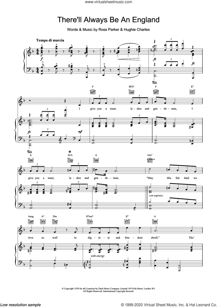 There'll Always Be An England sheet music for voice, piano or guitar by Ross Parker, intermediate skill level
