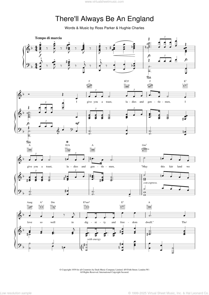 There'll Always Be An England sheet music for voice, piano or guitar by Ross Parker, intermediate skill level