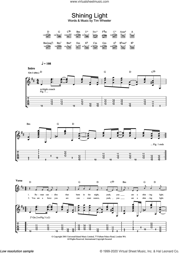 Shining Light sheet music for guitar (tablature) by Tim Wheeler, intermediate skill level