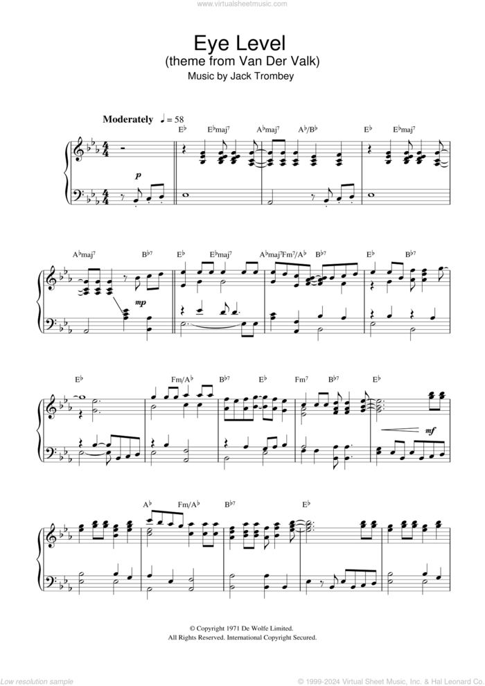 Eye Level (theme from Van Der Valk) sheet music for piano solo by Jack Trombey, intermediate skill level