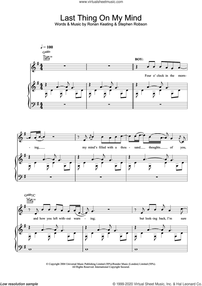 Last Thing On My Mind sheet music for voice, piano or guitar by Ronan Keating, LeAnn Rimes and Steve Robson, intermediate skill level