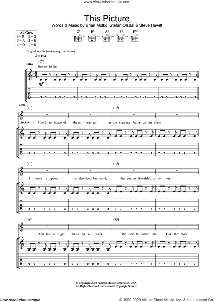 This Picture sheet music for guitar (tablature) by Placebo, Brian Molko, Stefan Olsdal and Steve Hewitt, intermediate skill level