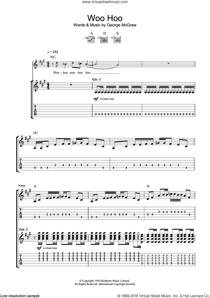 Woo Hoo sheet music for guitar (tablature) by The 5.6.7.8's and George McGraw, intermediate skill level
