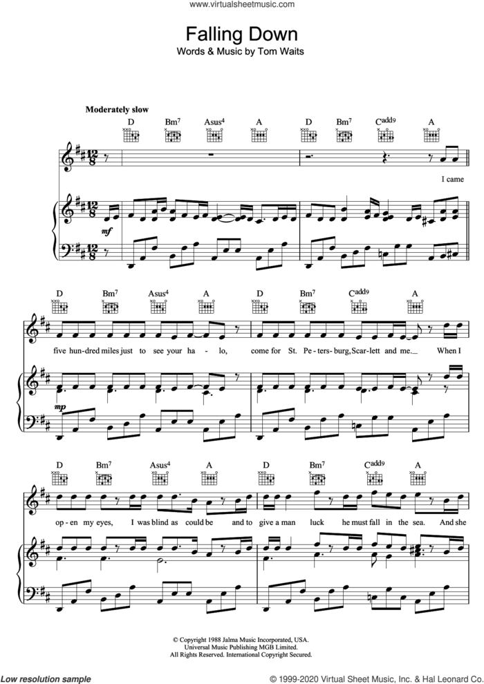 Falling Down sheet music for voice, piano or guitar by Tom Waits, intermediate skill level