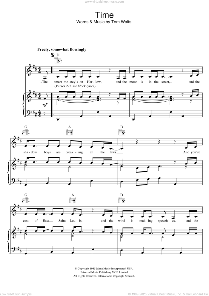 Time sheet music for voice, piano or guitar by Tom Waits, intermediate skill level