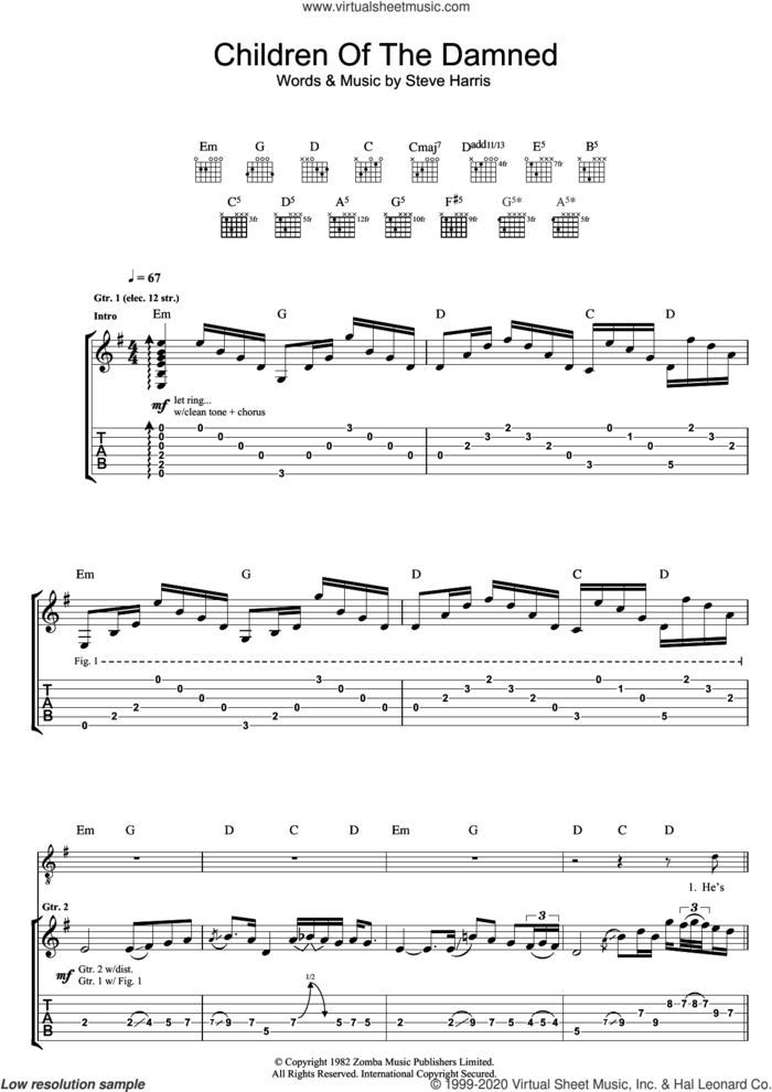 Children Of The Damned sheet music for guitar (tablature) by Iron Maiden and Steve Harris, intermediate skill level