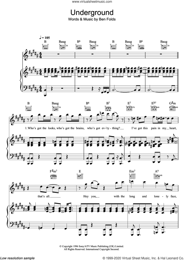 Underground sheet music for voice, piano or guitar by Ben Folds Five and Ben Folds, intermediate skill level