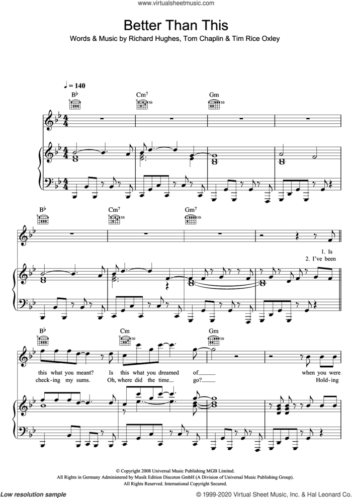 Better Than This sheet music for voice, piano or guitar by Tim Rice-Oxley, Richard Hughes and Tom Chaplin, intermediate skill level