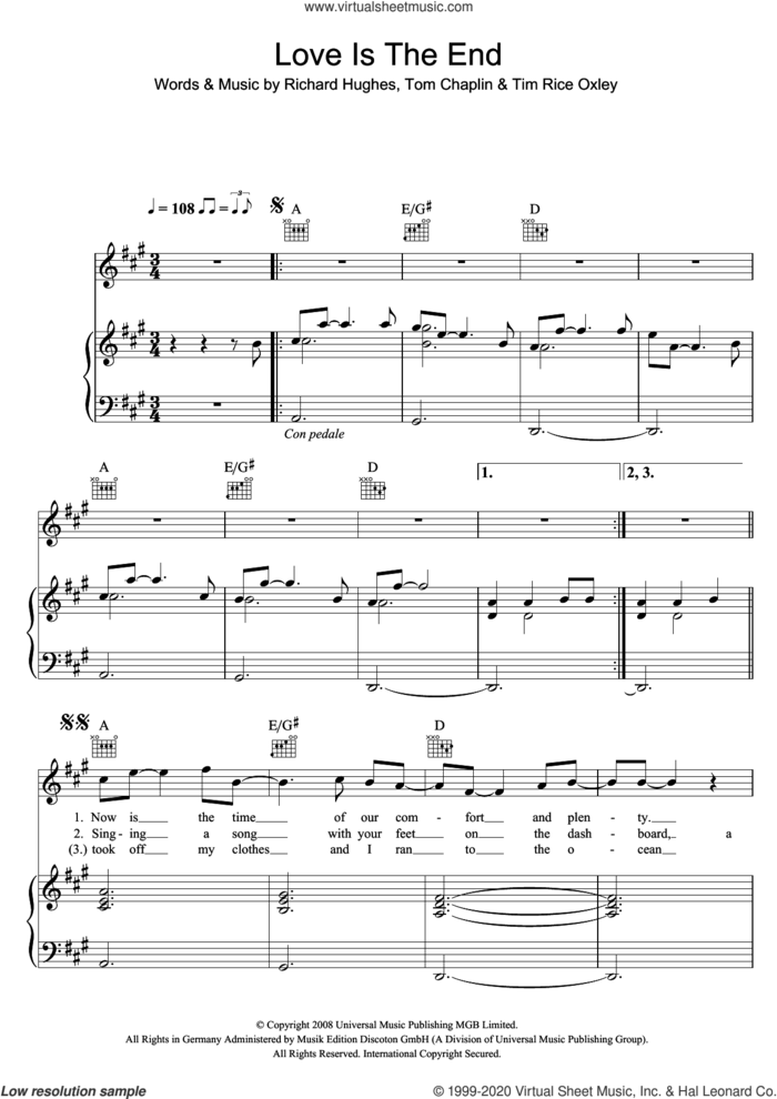 Love Is The End sheet music for voice, piano or guitar by Tim Rice-Oxley, Richard Hughes and Tom Chaplin, intermediate skill level