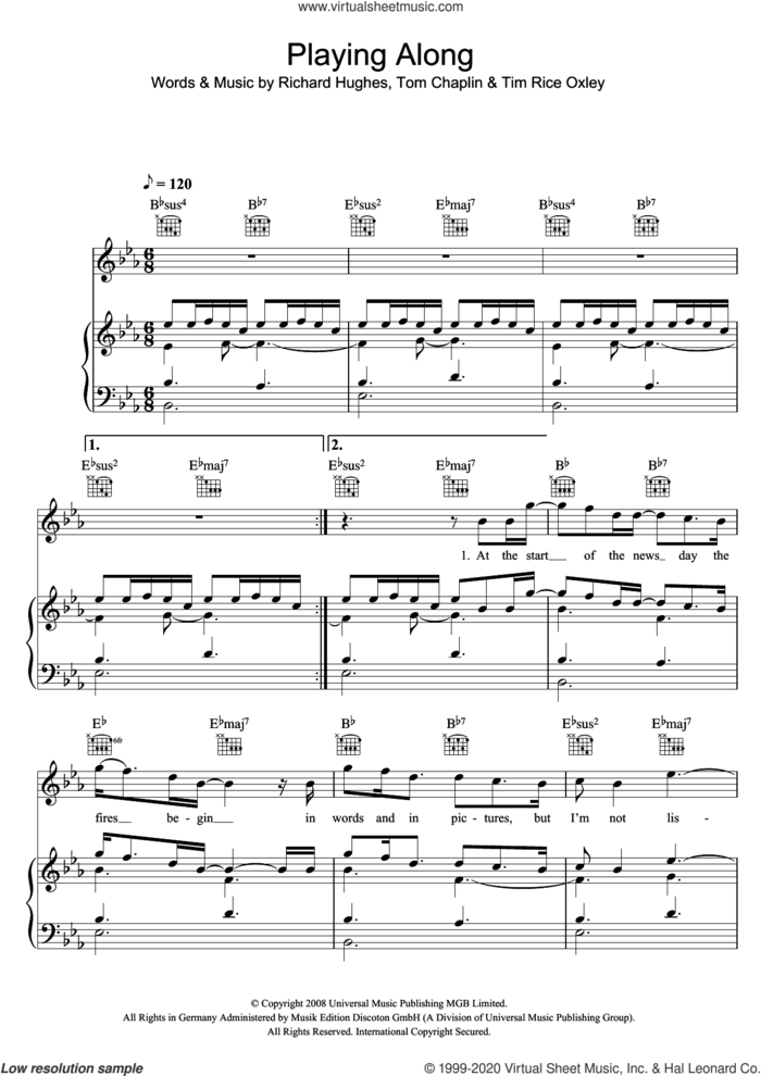 Playing Along sheet music for voice, piano or guitar by Tim Rice-Oxley, Richard Hughes and Tom Chaplin, intermediate skill level