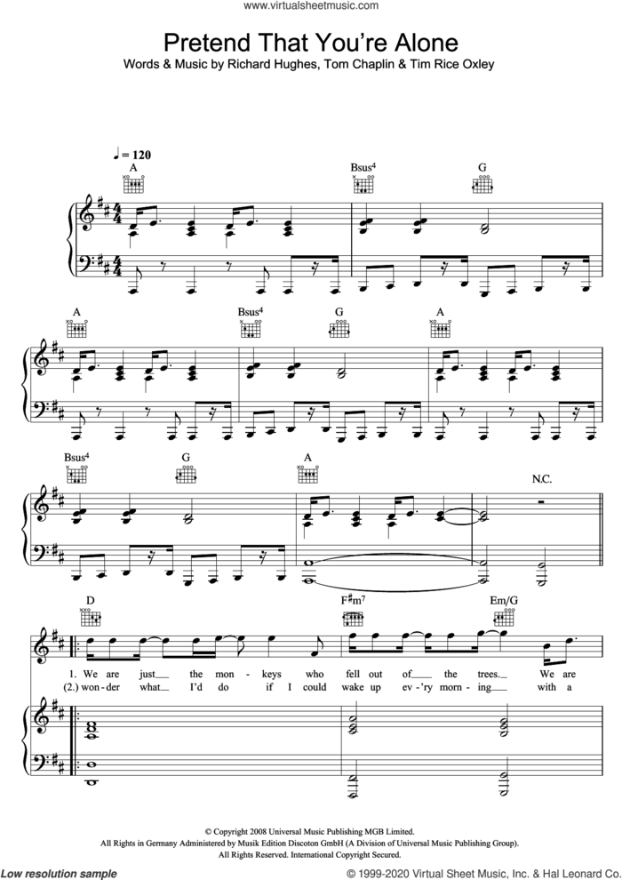 Pretend That You're Alone sheet music for voice, piano or guitar by Tim Rice-Oxley, Richard Hughes and Tom Chaplin, intermediate skill level