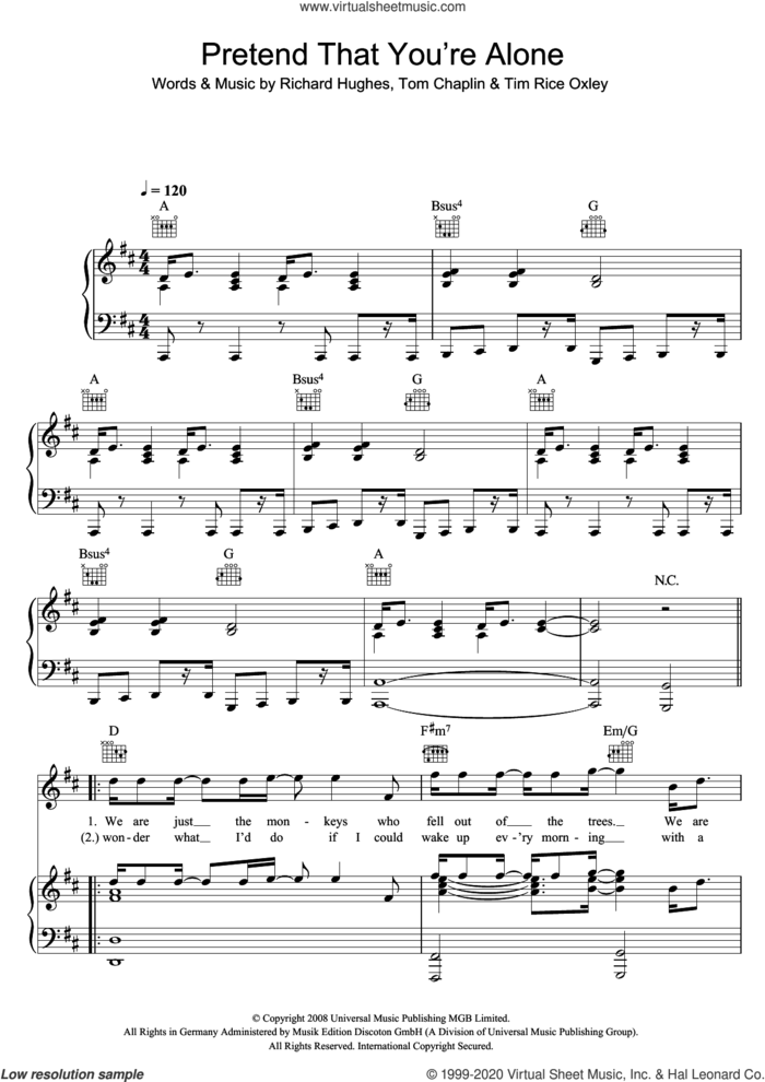 Pretend That You're Alone sheet music for voice, piano or guitar by Tim Rice-Oxley, Richard Hughes and Tom Chaplin, intermediate skill level