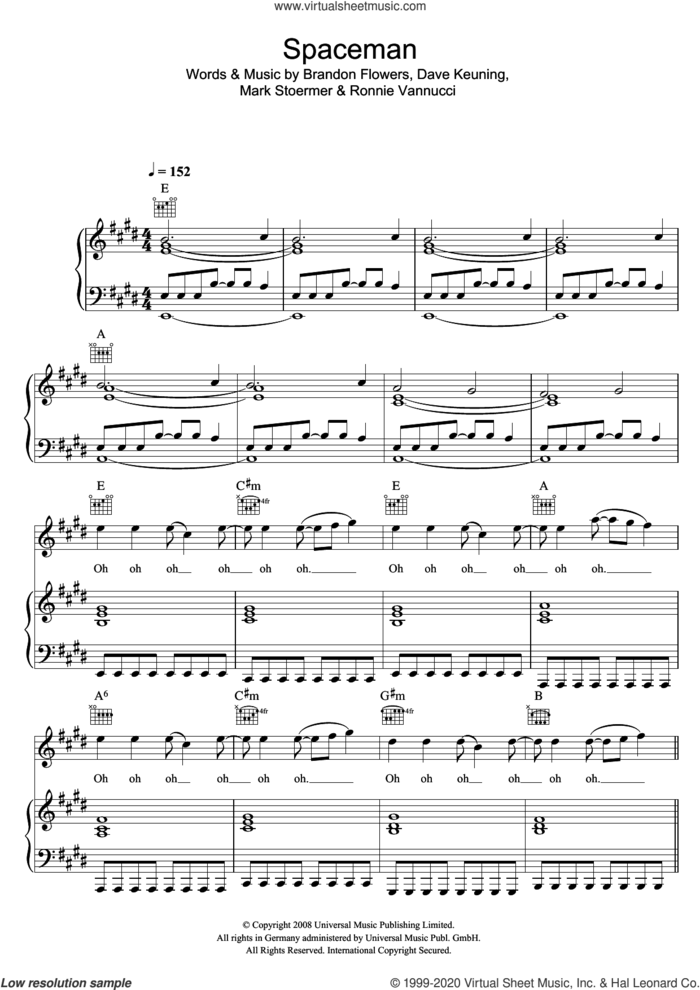 Spaceman sheet music for voice, piano or guitar by The Killers, Brandon Flowers, Dave Keuning, Mark Stoermer and Ronnie Vannucci, intermediate skill level
