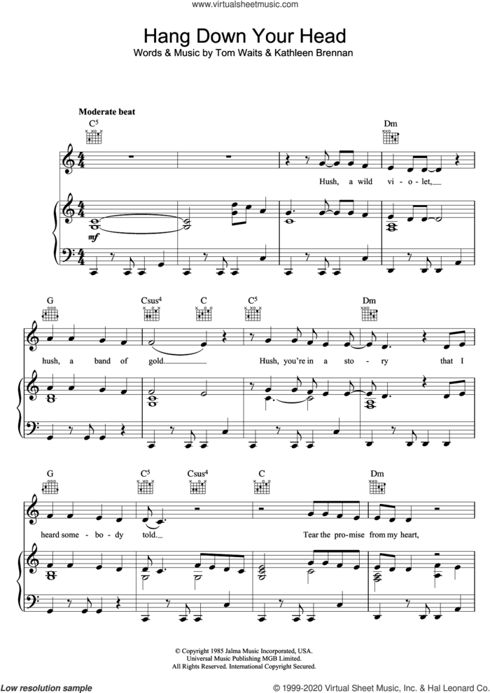 Hang Down Your Head sheet music for voice, piano or guitar by Tom Waits and Kathleen Brennan, intermediate skill level