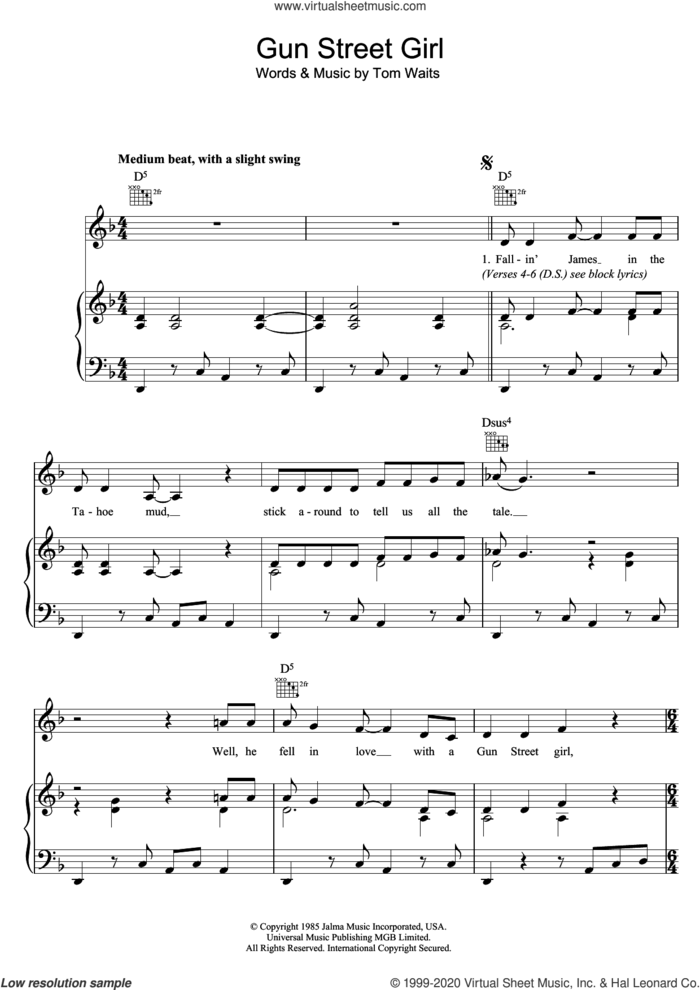 Gun Street Girl sheet music for voice, piano or guitar by Tom Waits, intermediate skill level