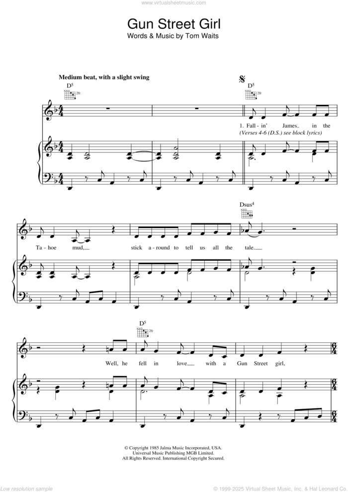 Gun Street Girl sheet music for voice, piano or guitar by Tom Waits, intermediate skill level