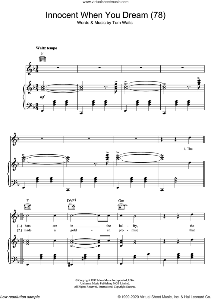 Innocent When You Dream (78) sheet music for voice, piano or guitar by Tom Waits, intermediate skill level