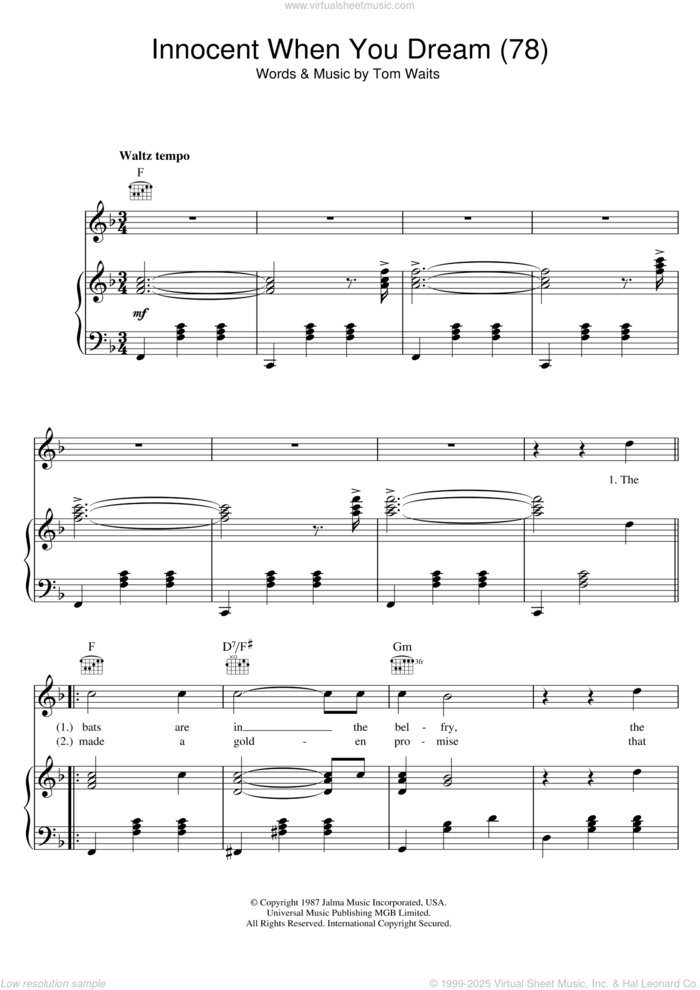 Innocent When You Dream (78) sheet music for voice, piano or guitar by Tom Waits, intermediate skill level