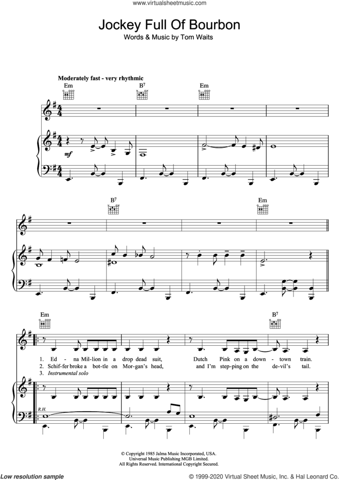Jockey Full Of Bourbon sheet music for voice, piano or guitar by Tom Waits, intermediate skill level