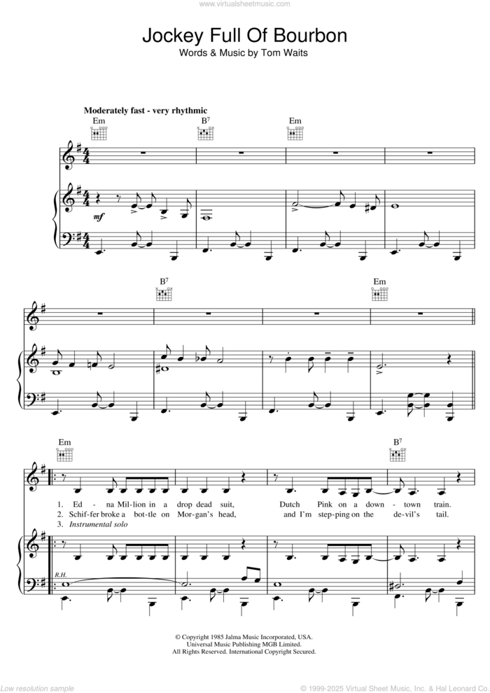 Jockey Full Of Bourbon sheet music for voice, piano or guitar by Tom Waits, intermediate skill level