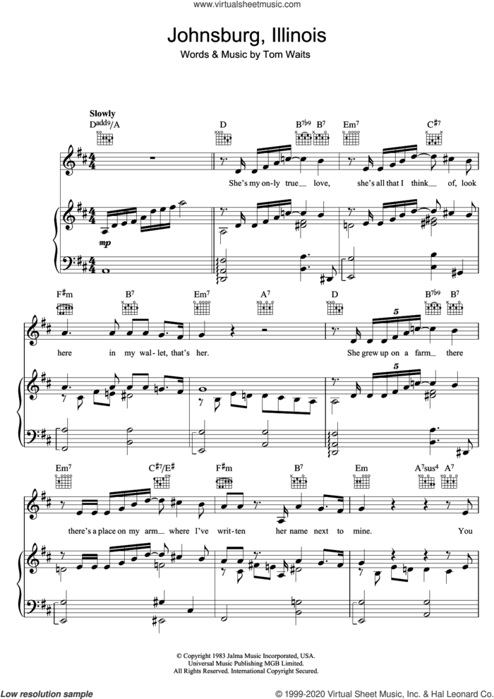 Johnsburg, Illinois sheet music for voice, piano or guitar by Tom Waits, intermediate skill level