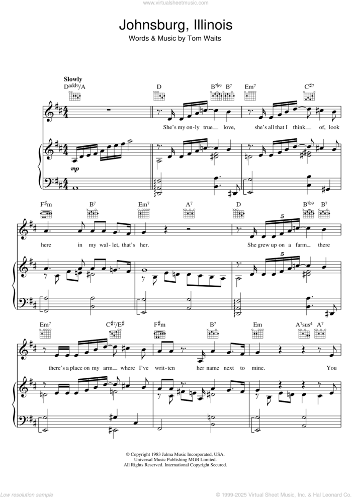 Johnsburg, Illinois sheet music for voice, piano or guitar by Tom Waits, intermediate skill level