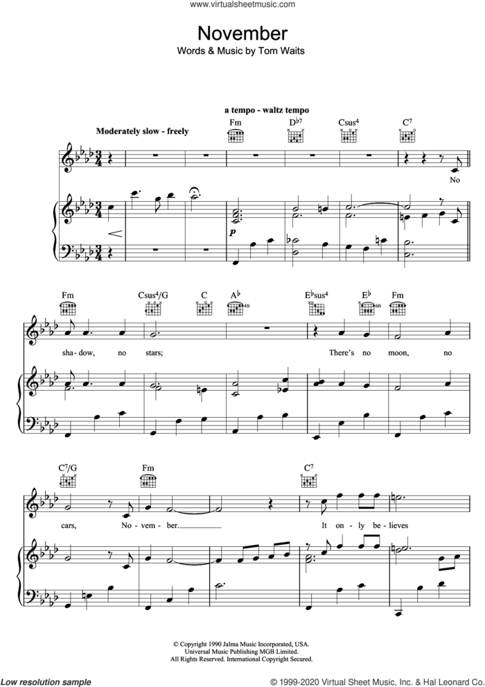 November sheet music for voice, piano or guitar by Tom Waits, intermediate skill level