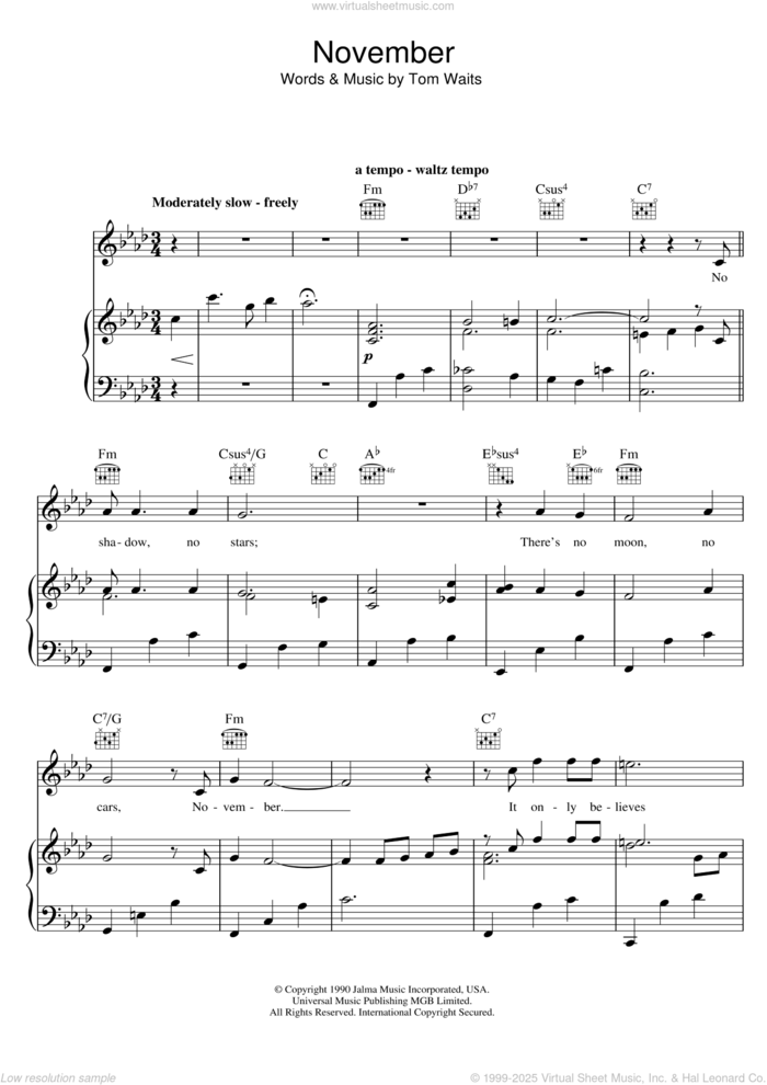 November sheet music for voice, piano or guitar by Tom Waits, intermediate skill level